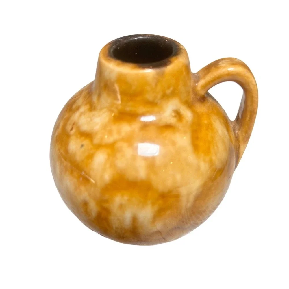 Vintage West Germany Miniature Ceramic Jug Amber Brown Drip Glaze Bud Vase 3